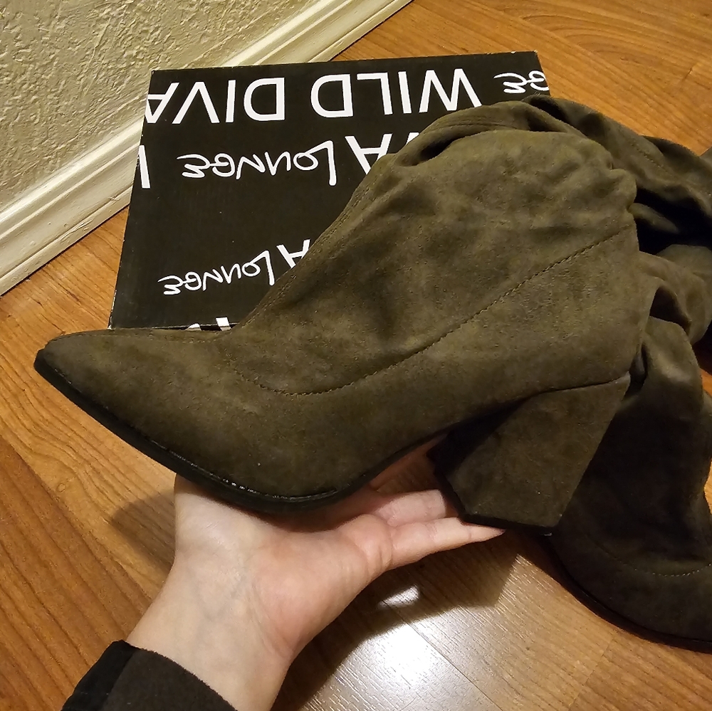 Olive Green Block Heel Over the Knee Boots